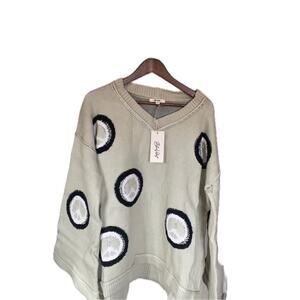 Blue Velvet Womens Peace Sign V-Neck Knit Sweater L Sage Green Boho Retro Hippie